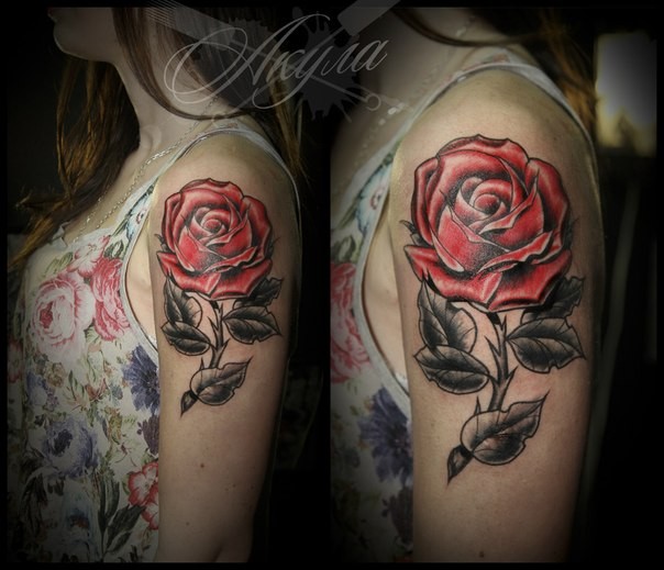 Traditionally colored old school style red rose tattoo on girl's shoulder