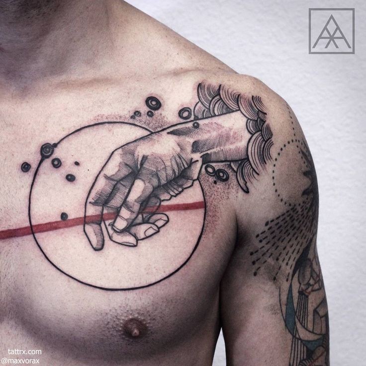 Trash polka style colored collarbone tattoo of human hand with circle
