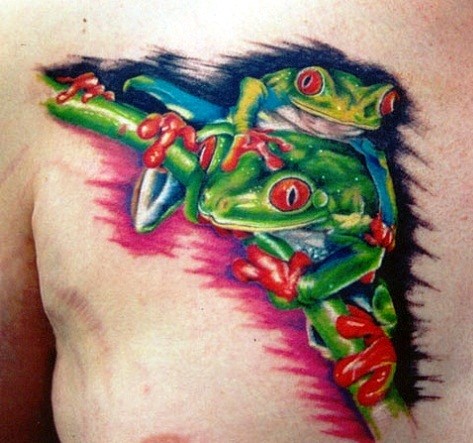 Tree frogs with red eyes tattoo on chest