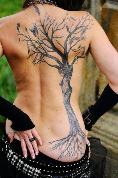 Tree with roots and butterfly tattoo on back for girls