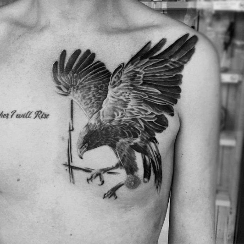 Tremendous flying eagle realistic chest tattoo with lettering