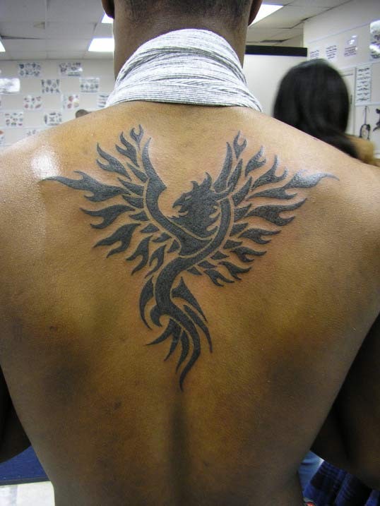 Tribal phoenix tattoo on back