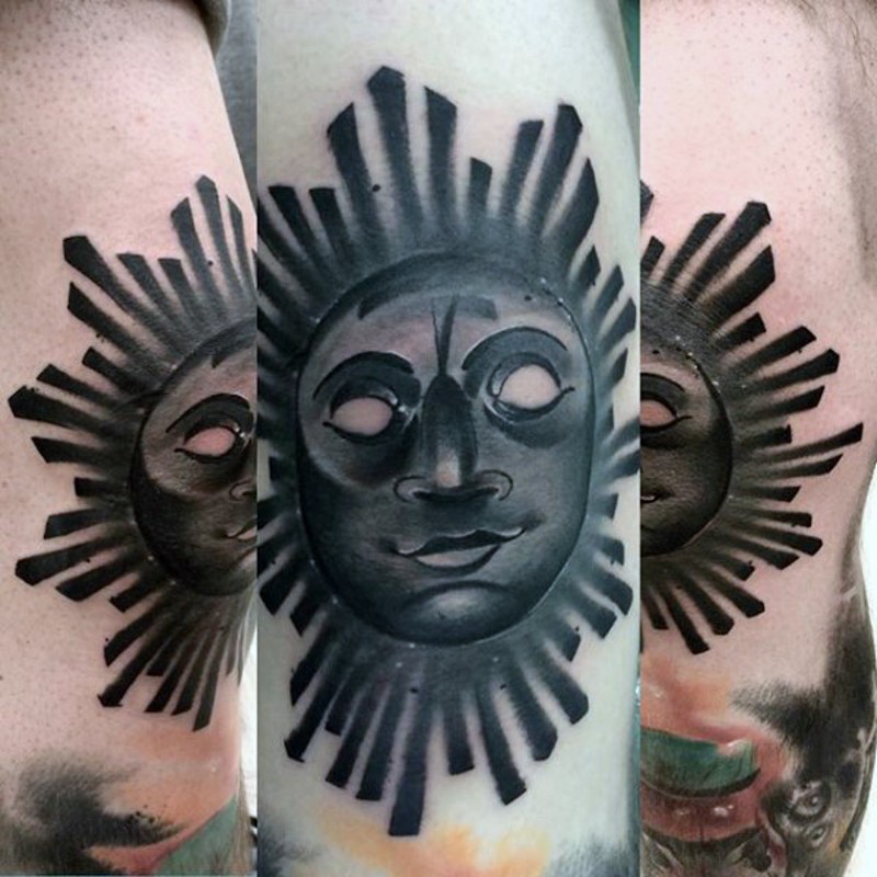 stile tribale 3D inchiostro nero sole sorridente tatuaggio su gamba