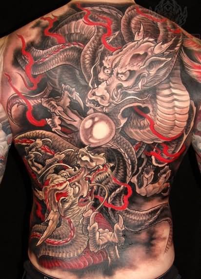 Two dragons  tattoo on whole back for men