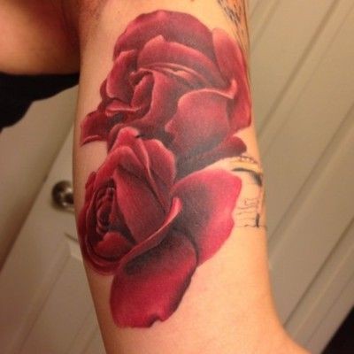 Two tender red roses tattoo on hand