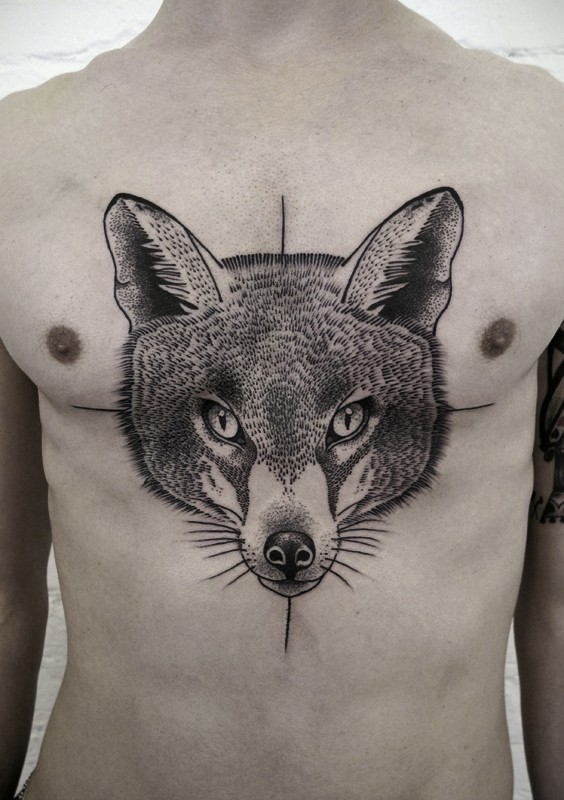Typical beautiful looking chest tattoo of fox head