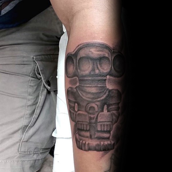 Typical black and gray style forearm tattoo fo stone statue