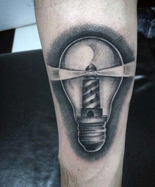 Typical black and white forearm tattoo of bulb with lighthouse