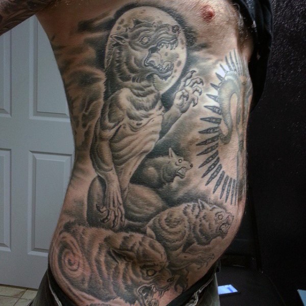 Typical black and white side tattoo of various werewolves