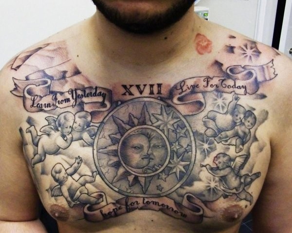 Typical black and white small angels with moon and sun tattoo on chest stylized with lettering