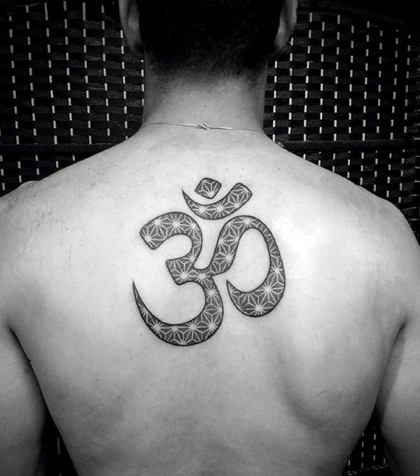 Typical black ink back tattoo of Hinduism symbol