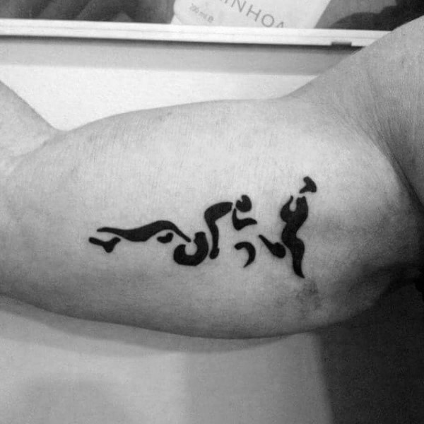 Typical black ink biceps tattoo of cyclists silhouette