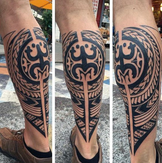 Typical black ink leg tattoo of Polynesian ornaments