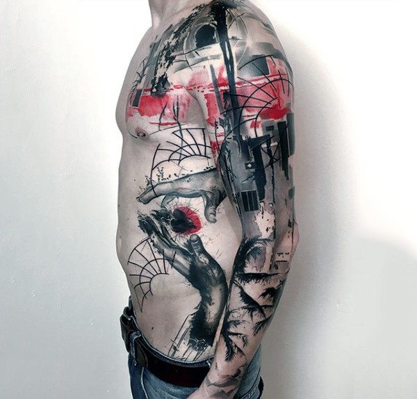 Typical colored photoshop style sleeve and side tattoo