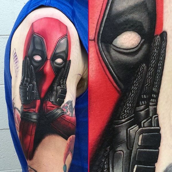 Typical colored shoulder tattoo of unfinished Deadpool