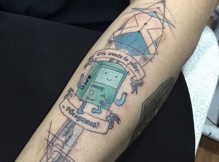 Typical colored sleeve tattoo of fantasy robots and lettering