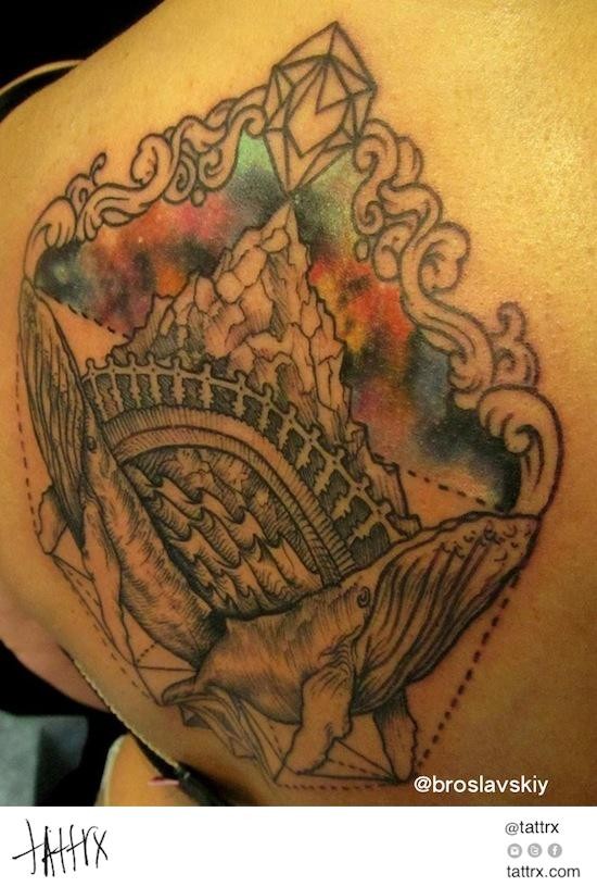 Typical colored tattoo of big mountain with wales