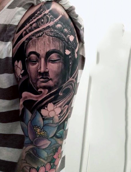 Typical designed colored sleeve tattoo of Buddha statue with flowers