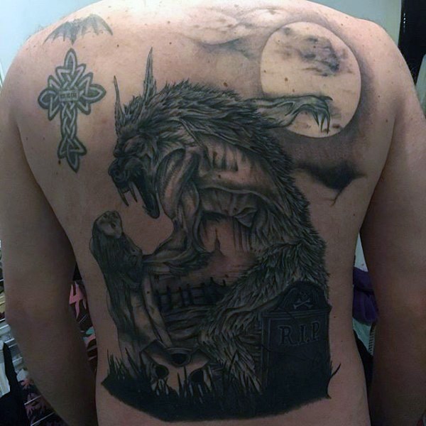 Typical engraving style back tattoo of werewolf stylized with moon and castle