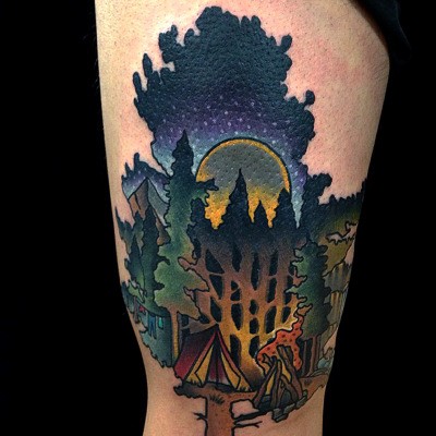 Typical illustrative style arm tattoo of dark forest with camping