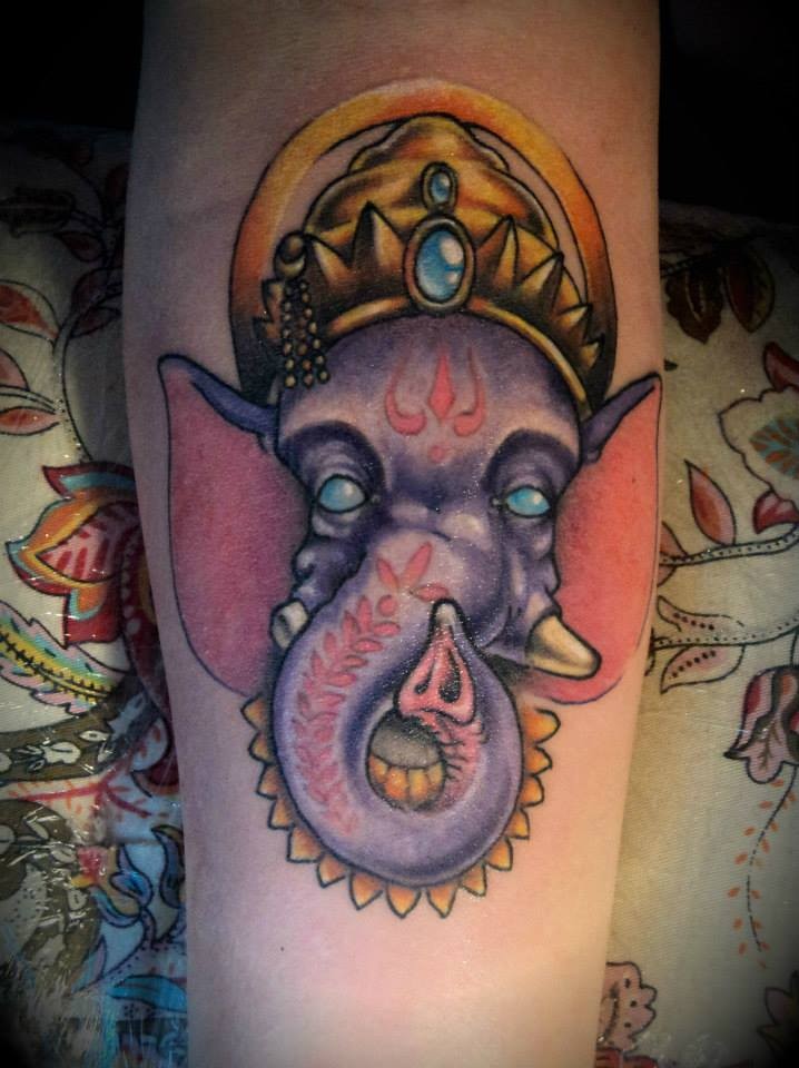 Typical new school style colored tattoo of Hinduism elephant