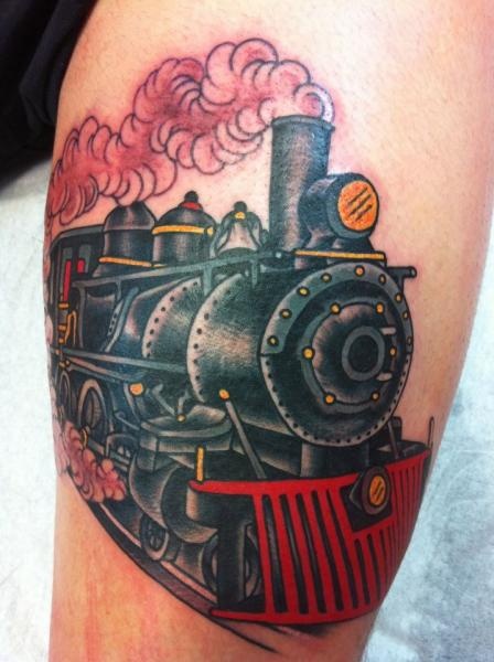 Typical old school style colored steam train tattoo