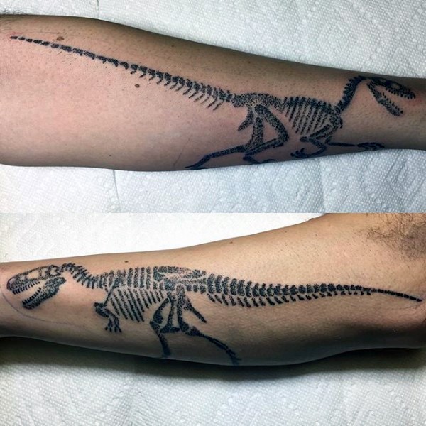 Typical stippling style black ink dinosaur skeleton