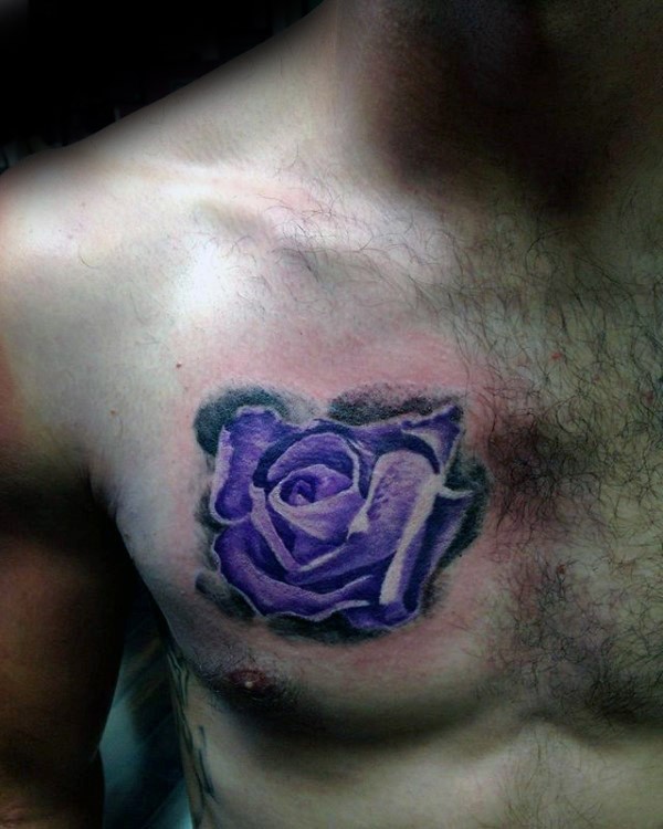 Typical violet colored chest tattoo of rose flower