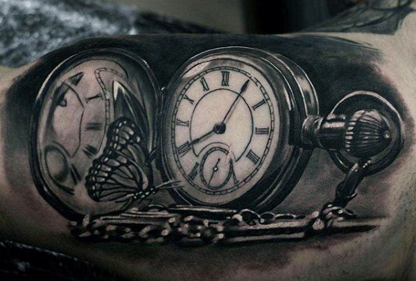 Unbelievable 3D like very realistic old clock tattoo on biceps
