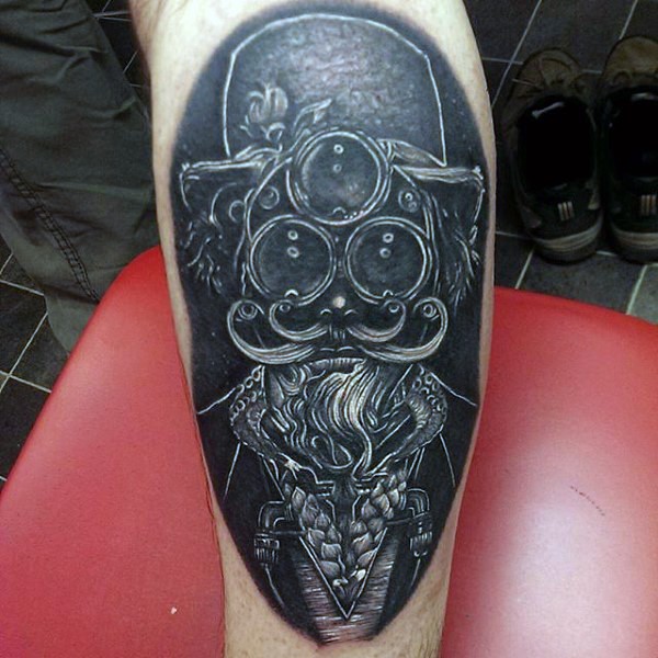 Unbelievable black and white surrealism style forearm tattoo of mystical man with glasses