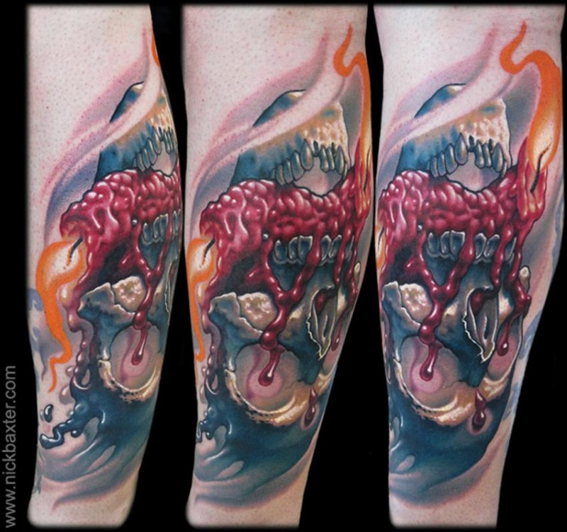 Unbelievable colored fantasy skull tattoo on arm with burning candle