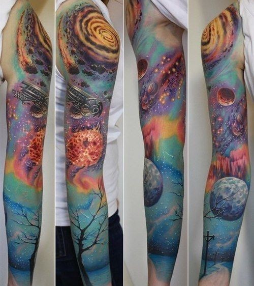 Unbelievable combined colored space and earth tattoo on sleeve