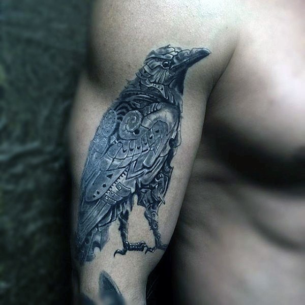 Unbelievable designed 3D like mechanical crow tattoo on biceps