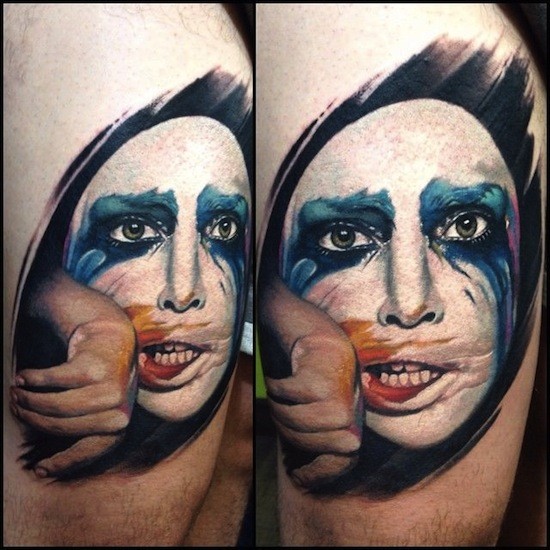 Unbelievable designed mystical colorful woman face tattoo on thigh