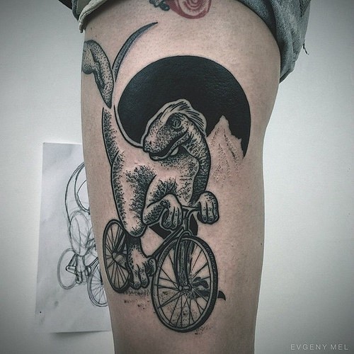Unbelievable looking engraving style dinosaur riding the bicycle tattoo on thigh