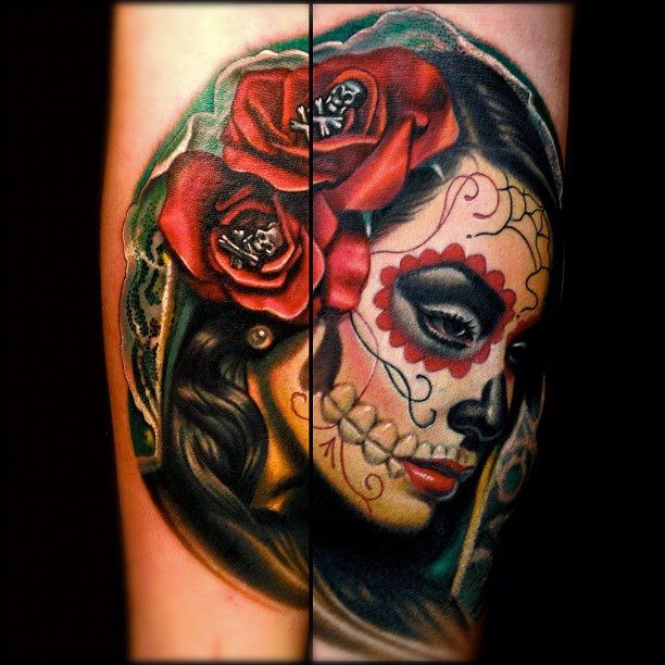 Unbelievable Mexican style colored arm tattoo of woman portrait