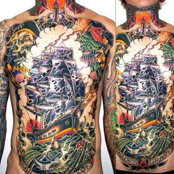 Unbelievable multicolored old pirate themed massive tattoo on chest and belly