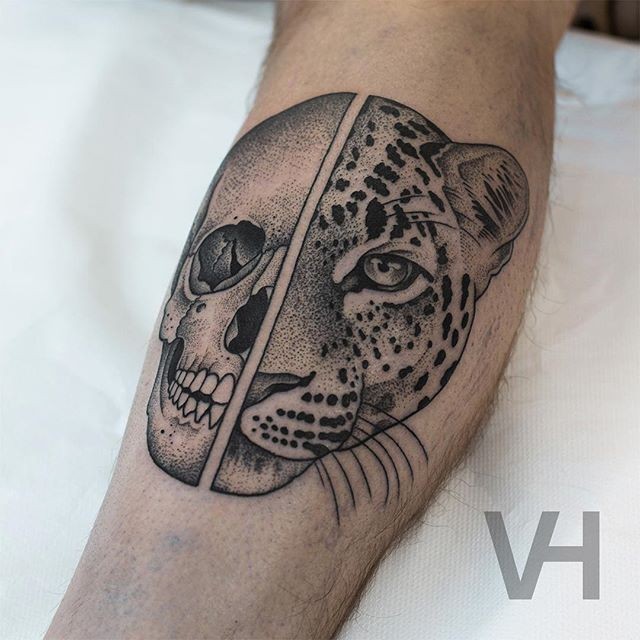 Unbelievable painted by Valentin Hirsch leg tattoo of split human skull with leopard head