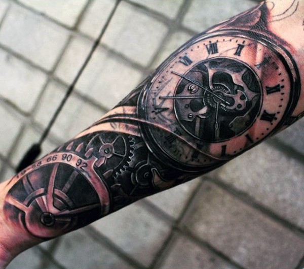 Unbelievable painted colored very detailed mechanic clock tattoo on sleeve