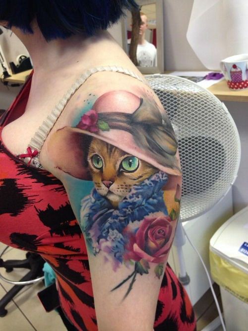 Unbelievable painted for girls style shoulder tattoo of lady cat with flowers