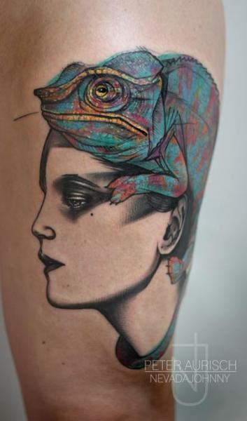 Unfinished and colored tattoo of woman head with big lizard