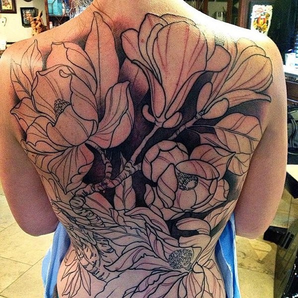 Unfinished colored large whole back tattoo of various flowers
