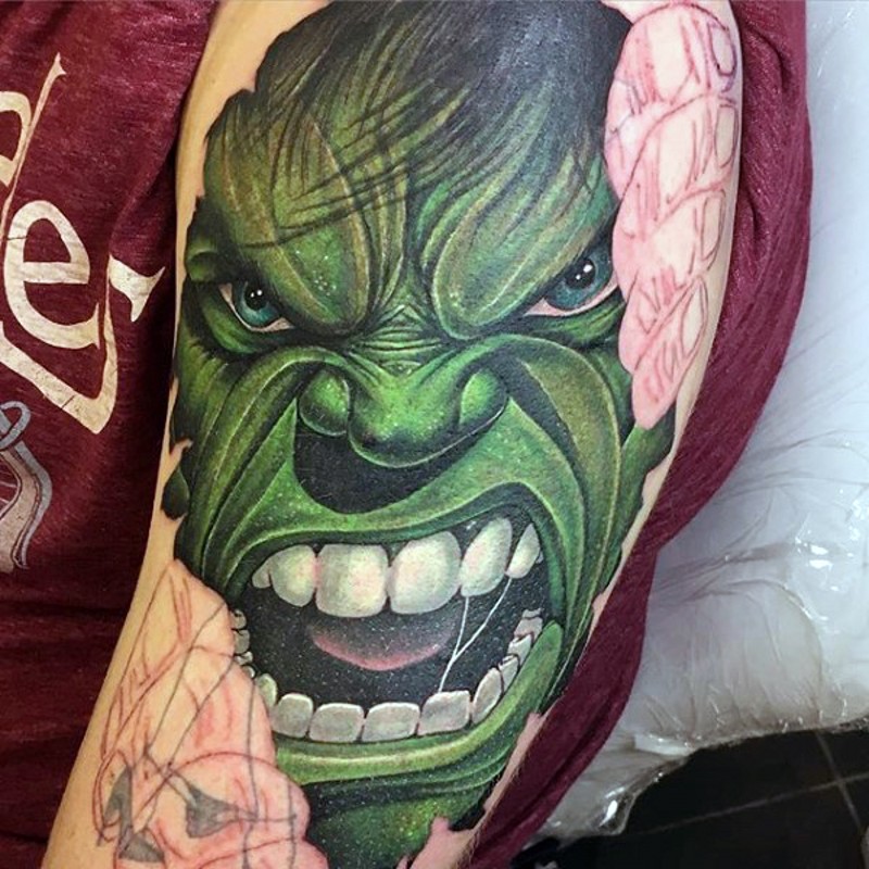 Unfinished colored shoulder tattoo of angry Hulk