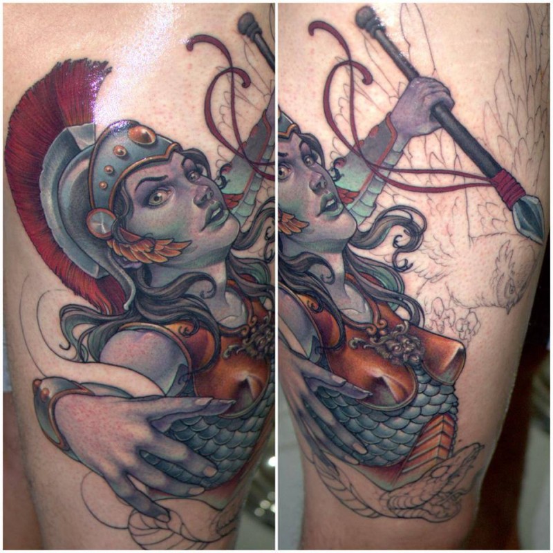 Unfinished colored thigh tattoo of ancient woman warrior