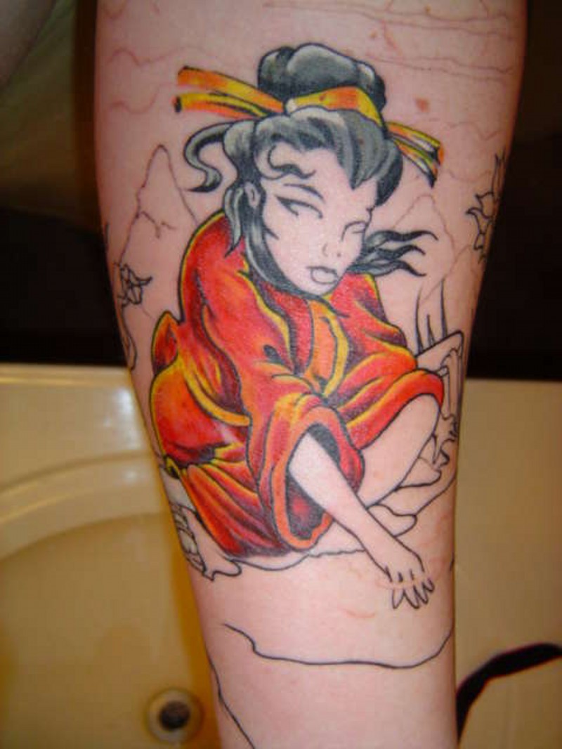 Unfinished half colored forearm tattoo of Asian woman