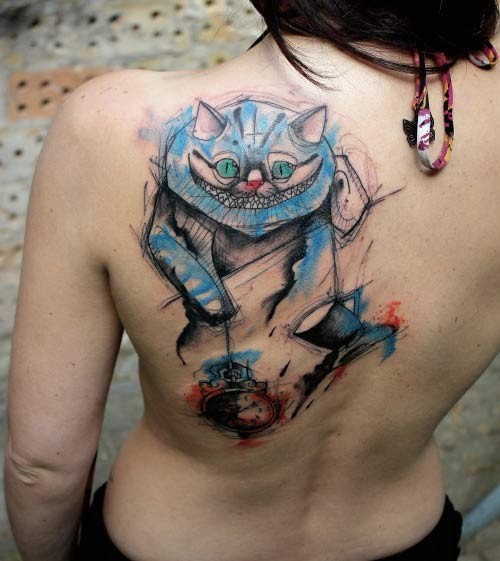Unfinished homemade like colored smiling Cheshire Cat tattoo on back