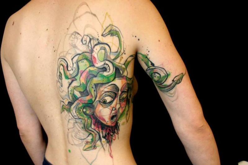 Unfinished new school style colored back tattoo of Medusa head