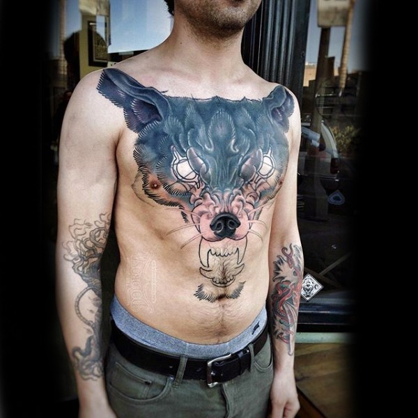 Unfinished new school style colored chest tattoo of demonic wolf face