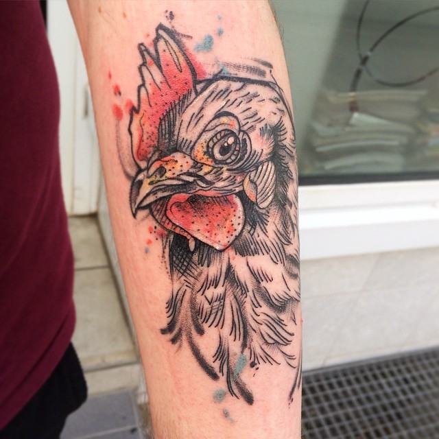 Unfinished sketch style colored arm tattoo of beautiful hen