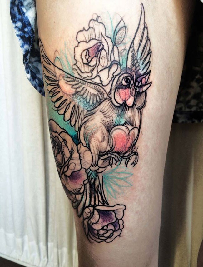Unfinished sketch style colored thigh tattoo of flying bird, flowers and heart